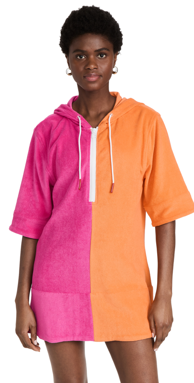 Solid & Striped The Zip Colorblocked Terrycloth Hoodie Dress In Tangerine X Strawberry