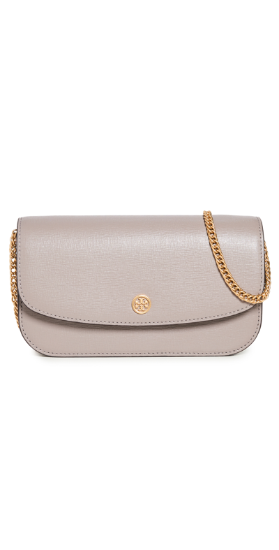 Tory Burch Neutral Robinson Leather Wallet On Chain In Grey