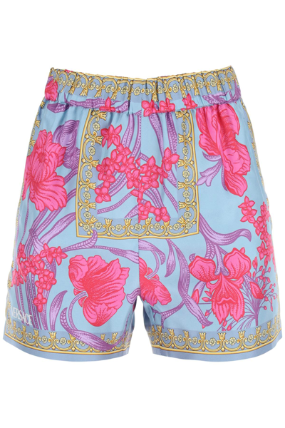 Versace Cornflower-print Satin Shorts In Multi-colored
