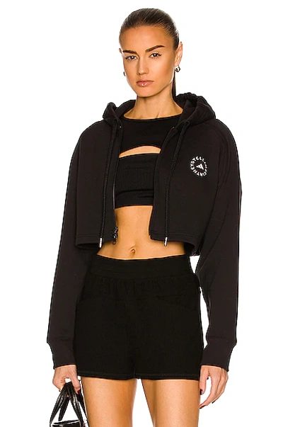 Adidas By Stella Mccartney Cropped Printed Organic Cotton-blend Jersey Hoodie In Black