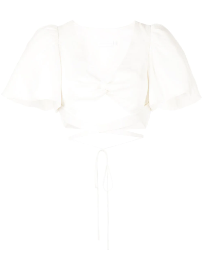 Simkhai Twist-front Puff-sleeve Cropped Top In White