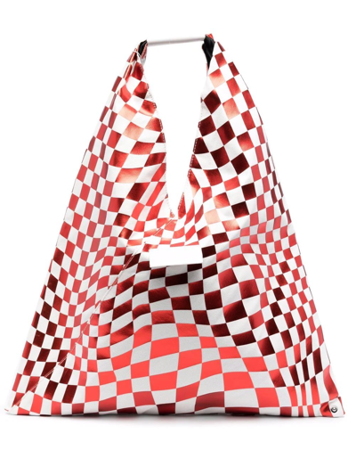 Mm6 Maison Margiela Red Checkerboard Print Leather Tote Bag In White