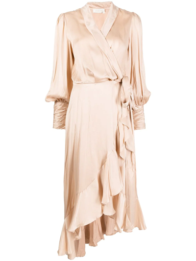 Zimmermann Ruffle-hem Wrap Dress In Nude & Neutrals