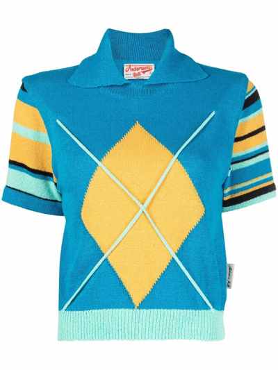 Andersson Bell Argyle-check Short-sleeved Knitted Top In Blu