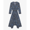 MAJE RAYEMIK GRAPHIC-PRINT SMOCK-WAIST WOVEN MIDI DRESS