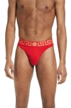 Versace First Line Logo Stretch Cotton Thong In Red Gold