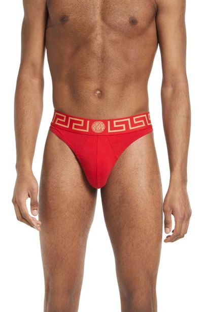 Versace First Line Logo Stretch Cotton Thong In Red Gold