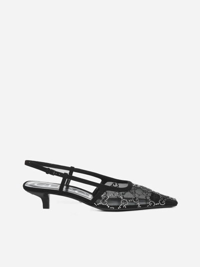 Gucci Tom Crystal Gg Mesh Slingback Pumps In Black