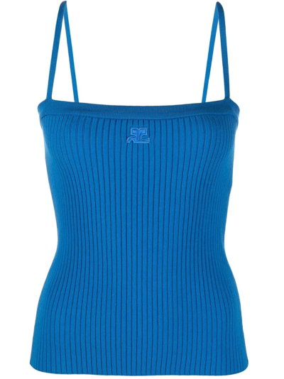 Courrèges Embroidered-logo Ribbed Top In Blue