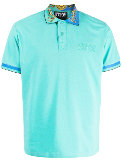 Versace Jeans Couture Versace Baroque Print-collar Polo Shirt Mint - Atterley In Green
