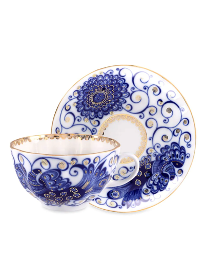 Imperial Porcelain Golden Grass Magic Fire Bird Teacup & Saucer Set In Blue