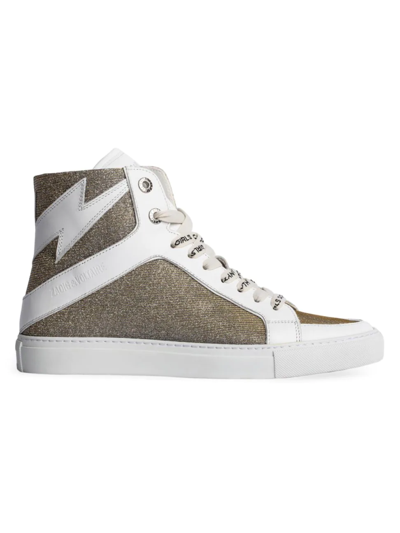 Zadig & Voltaire Zv1747 High Flash Glitter Leather And Mesh High-top Trainers In Silver