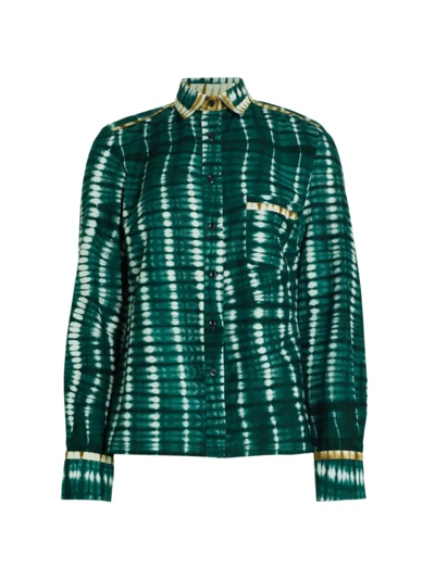 Studio 189 Ayumi Hand-batik Cotton Blouson-sleeve Scarf Shirt In Green