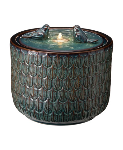 Glitzhome 14.75" H Two Birds Embossed Leaf Pattern Cylindrical Fountain With Pump And Led Light In Green