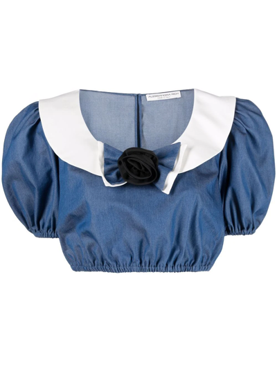 Alessandra Rich Cotton Chambray Cropped Top With Bow - Atterley In Blue