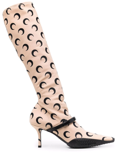Marine Serre Crescent Moon-print Knee-high Boots In Beige