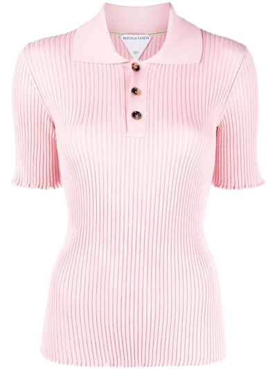 Bottega Veneta Ribbed-knit Linen-blend Polo Shirt In Pink