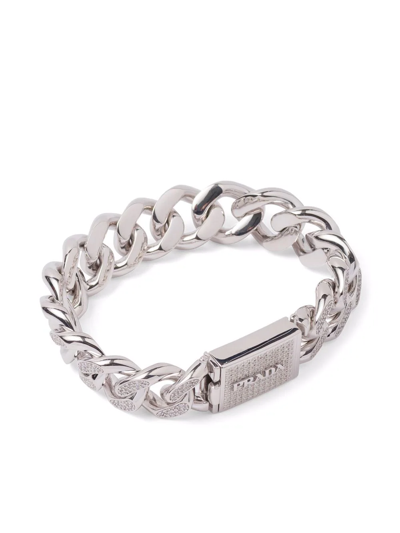 Prada Crystal-embellished Logo Bracelet In Silver