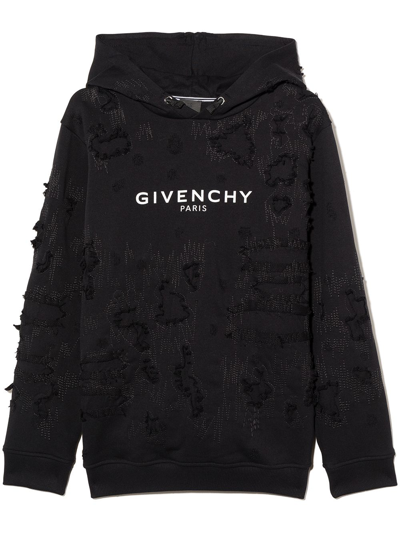 Givenchy Kids Black Hoodie With Logo And Aged Effect Jacquard Embroidery In Nero