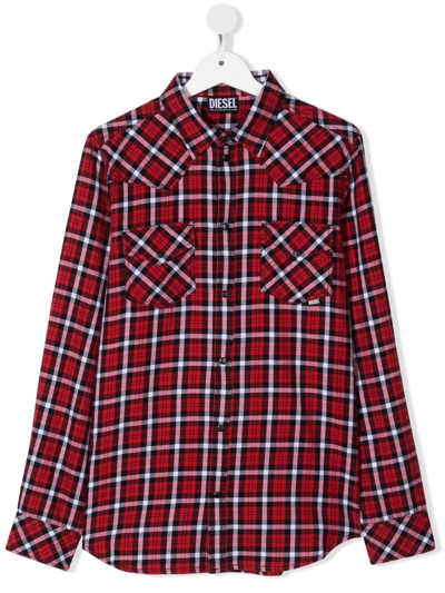 Diesel Teen Plaid-check Pocket Shirt In Red