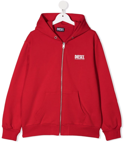 Diesel Teen Logo-print Zipped-up Hoodie In Red