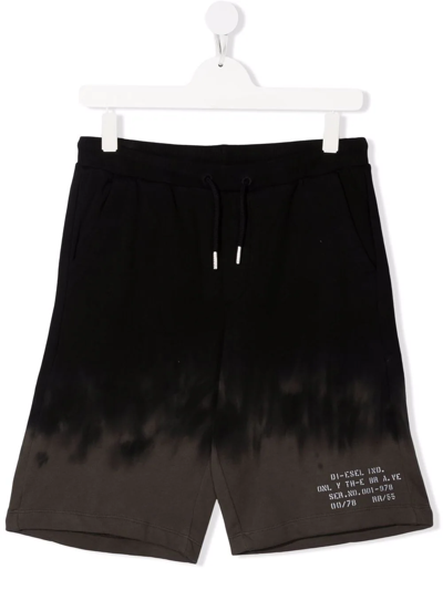 Diesel Kids' Tie Dye-print Cotton Track Shorts In Verde Scuro