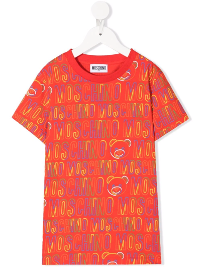 Moschino Kids' All-over Logo Print T-shirt In Red
