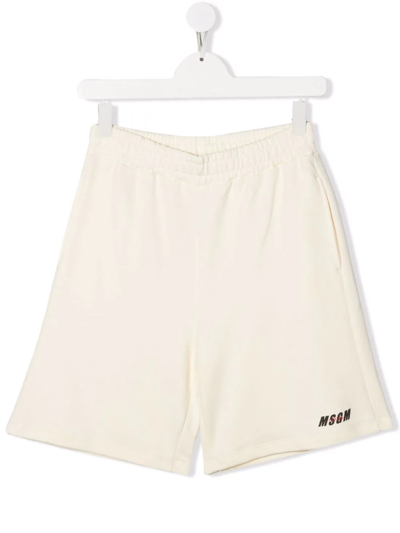 Msgm Teen Boys Beige Logo Shorts In Ivory