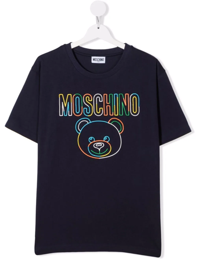 Moschino Teen Teddy Bear Embroidered T-shirt In Blue