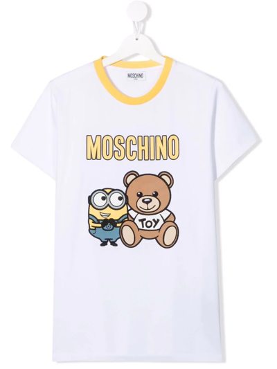 Moschino Kids' Teddy Bear Print T-shirt In Bianco Ottico