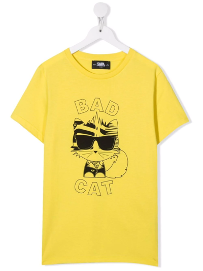 Karl Lagerfeld Kids' Bad Cat-print Organic Cotton T-shirt In Yellow