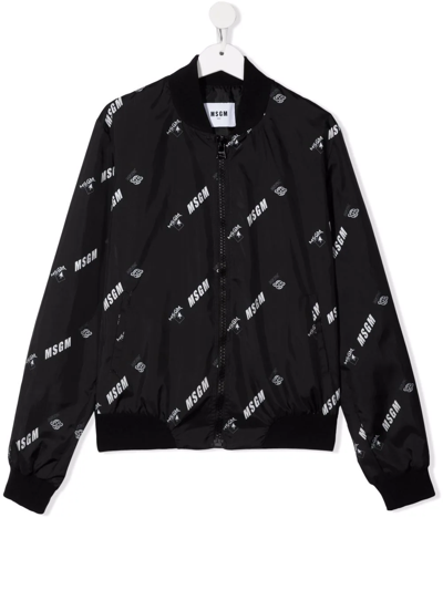 Msgm Kids' All-over Logo Print Bomber Jacket In Black
