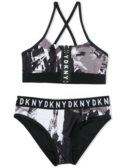 Dkny Kids' Abstract Print Logo Bikini In Black