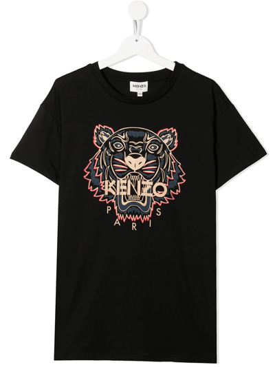 Kenzo Kids' Tiger Head-print Short-sleeved T-shirt In Black