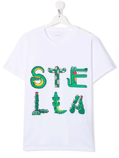 Stella Mccartney White Kids T-shirt With Crocodile Stella Print