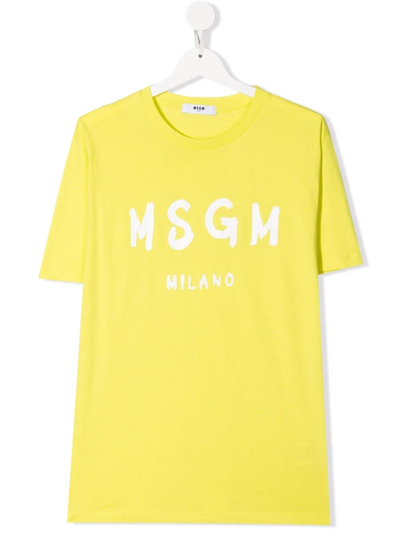 Msgm Kids' Yellow Girl T-shirt With Logo On The Front, Round Neckline, Short Sleeves And Straight Hem By . In Lime