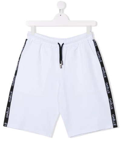 Gaelle Paris Kids' Logo-tape Drawstring-waist Track Shorts In White