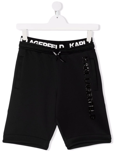Karl Lagerfeld Kids' Debossed-logo Drawstring-waist Track Shorts In Black
