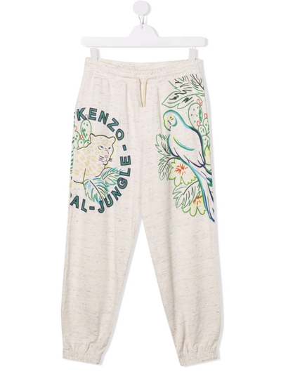 Kenzo Teen Animal-print Cotton Track Pants In Beige