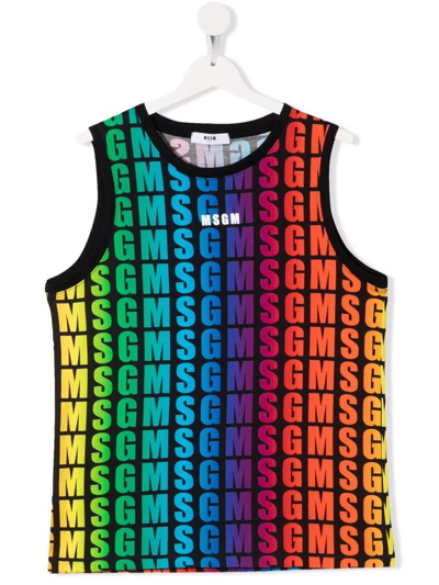 Msgm Kids' Tank Top With All-over Multicolor Logo In Black