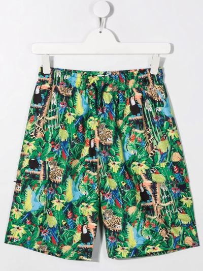 Kenzo Kids' Boys Swimsuit Multicolor With Tiger Print And Flower Print, Waist With Elasticated Drawstring And Tw In Green