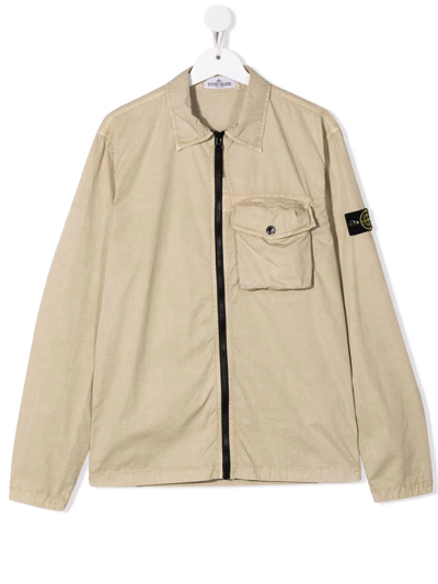 Stone Island Teen Logo-patch Shirt Jacket In Neutrals