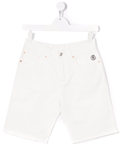 Mm6 Maison Margiela Teen Embroidered Logo Denim Shorts In White