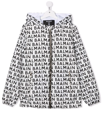 Balmain Teen Logo-print Hooded Zip-up Jacket In White