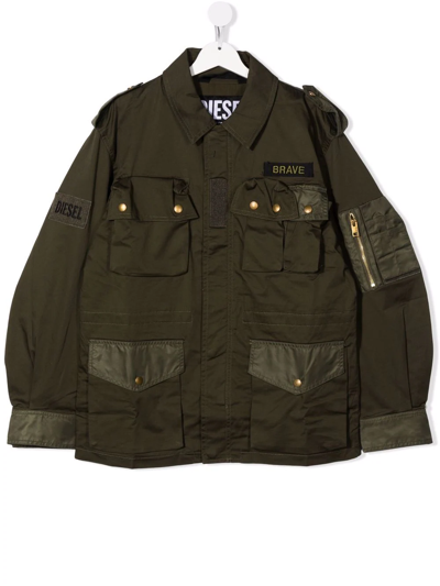 Diesel Teen Logo-patch Garbadine Jacket In Green