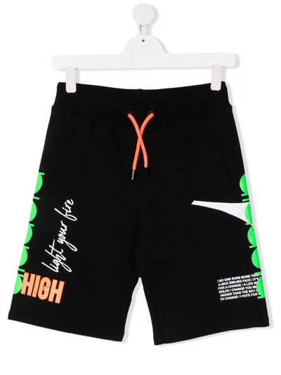 Diadora Junior Kids' Patterned Drawstring Track Shorts In Black