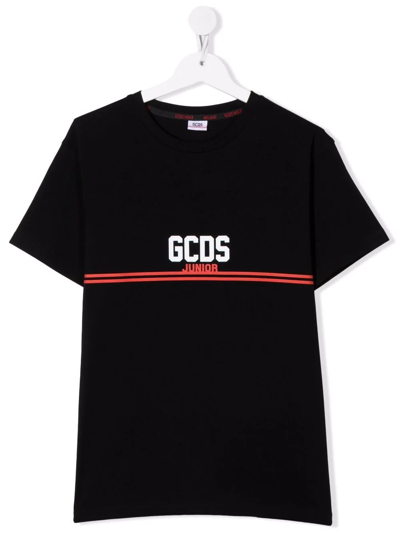 Gcds Teen Logo-stripe Print T-shirt In Black