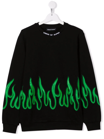 Vision Of Super Black Sweatshirt For Kids With Green Flames