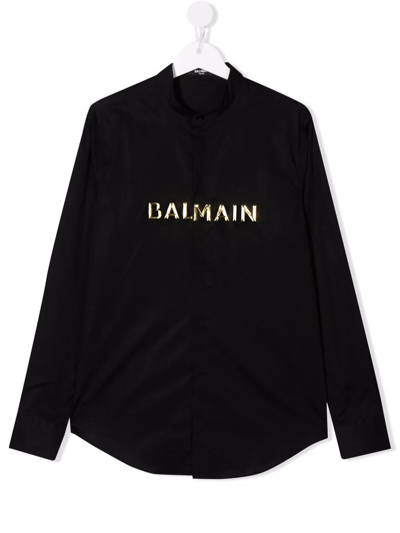 Balmain Teen Logo-lettering Long-sleeve Shirt In Black