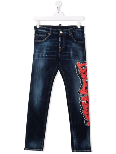 Dsquared2 Teen Graffiti-logo Slim-cut Jeans In Blue